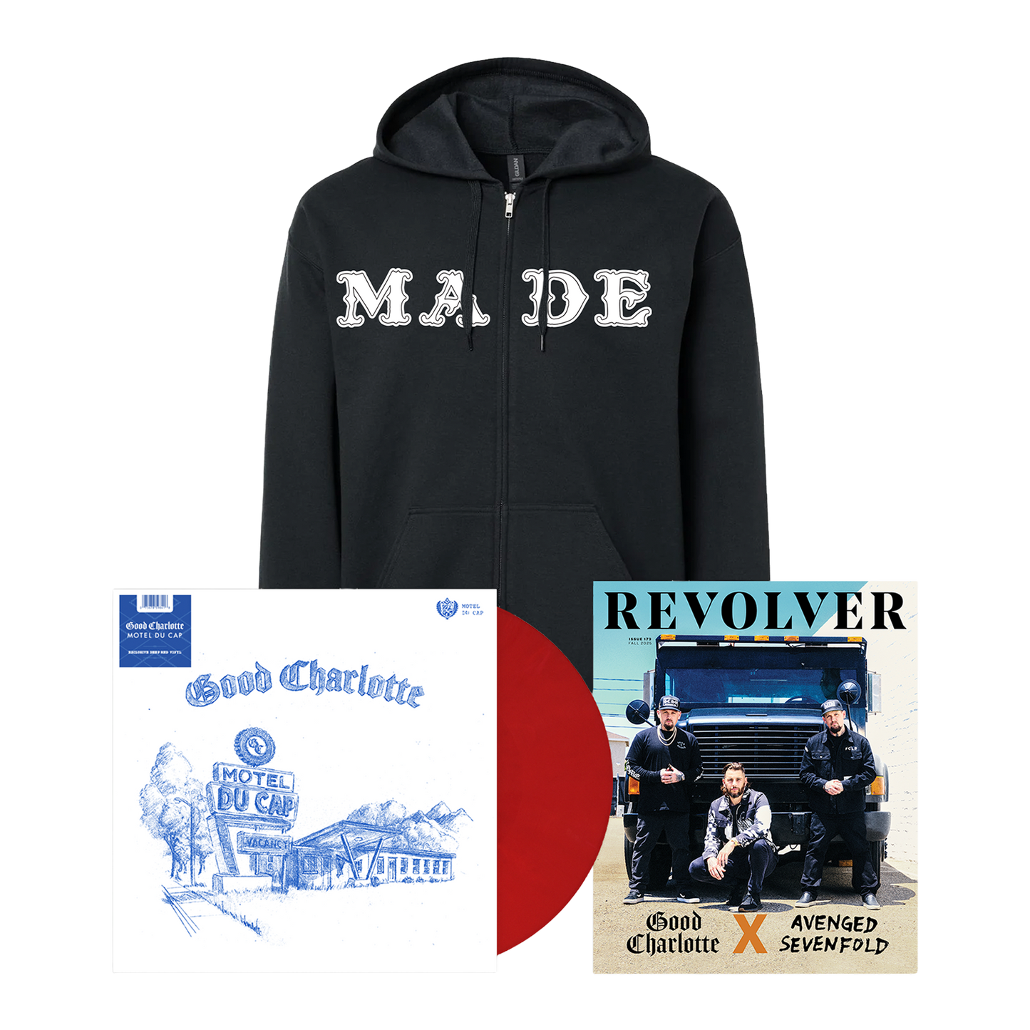 GOOD CHARLOTTE ‘MOTEL DU CAP’ LP (Exclusive, Deep Red Vinyl) + REVOLVER Fall 2025 Issue & EXCLUSIVE MADE ZIP UP HOODIE