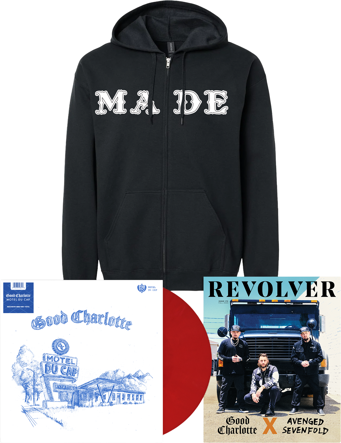 GOOD CHARLOTTE ‘MOTEL DU CAP’ LP (Exclusive, Deep Red Vinyl) + REVOLVER FALL 2025 ISSUE & EXCLUSIVE MADE ZIP UP HOODIE